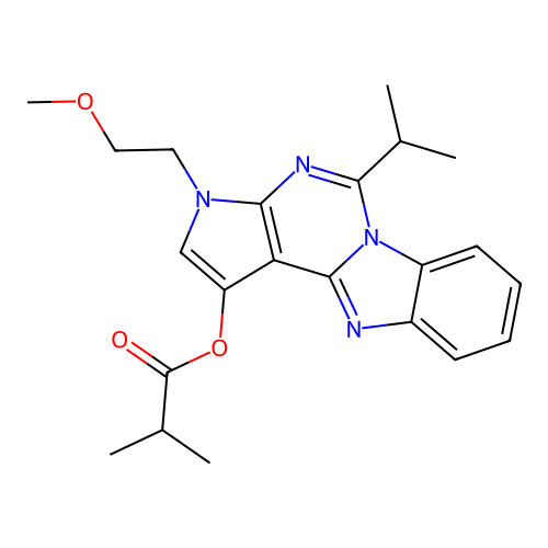 3-(2-methoxyethyl)-5-(propan-2-yl)-3H-pyrrolo[2',3':4,5]pyrimido[1,6-a]benzimidazol-1-yl 2-methylpropanoate structure