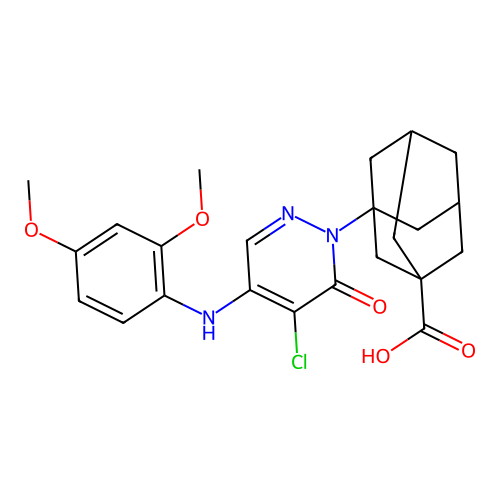 3-[5-chloro-4-(2,4-dimethoxyanilino)-6-oxopyridazin-1-yl]adamantane-1-carboxylic acid structure