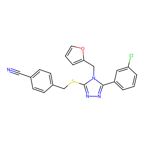 4-(((5-(3-chlorophenyl)-4-(furan-2-ylmethyl)-4H-1,2,4-triazol-3-yl)thio)methyl)benzonitrile structure