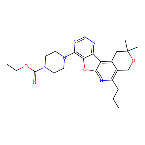 ethyl 4-(2,2-dimethyl-5-propyl-1,4-dihydro-2H-pyrano[4'',3'':4',5']pyrido[3',2':4,5]furo[3,2-d]pyrimidin-8-yl)piperazine-1-carboxylate structure