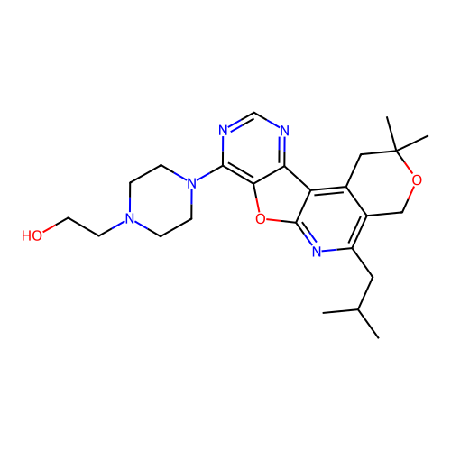 2-(4-(5-isobutyl-2,2-dimethyl-2,4-dihydro-1H-pyrano[4'',3'':4',5']pyrido[3',2':4,5]furo[3,2-d]pyrimidin-8-yl)piperazin-1-yl)ethanol structure