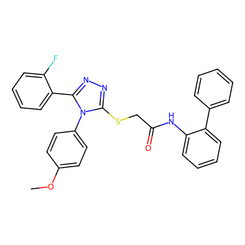 2-[[5-(2-fluorophenyl)-4-(4-methoxyphenyl)-1,2,4-triazol-3-yl]sulfanyl]-N-(2-phenylphenyl)acetamide structure