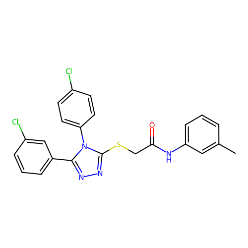 2-[[5-(3-chlorophenyl)-4-(4-chlorophenyl)-1,2,4-triazol-3-yl]sulfanyl]-N-(3-methylphenyl)acetamide structure
