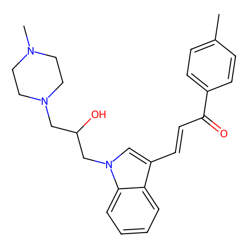(2E)-3-{1-[2-hydroxy-3-(4-methylpiperazin-1-yl)propyl]-1H-indol-3-yl}-1-(4-methylphenyl)prop-2-en-1-one structure