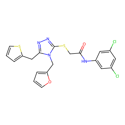 N-(3,5-dichlorophenyl)-2-((4-(furan-2-ylmethyl)-5-(thiophen-2-ylmethyl)-4H-1,2,4-triazol-3-yl)thio)acetamide structure