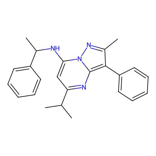 2-methyl-3-phenyl-N-(1-phenylethyl)-5-(propan-2-yl)pyrazolo[1,5-a]pyrimidin-7-amine structure