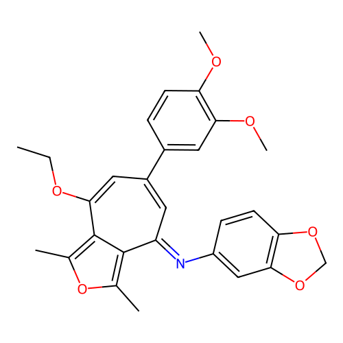 (E)-N-(6-(3,4-dimethoxyphenyl)-8-ethoxy-1,3-dimethyl-4H-cyclohepta[c]furan-4-ylidene)benzo[d][1,3]dioxol-5-amine structure