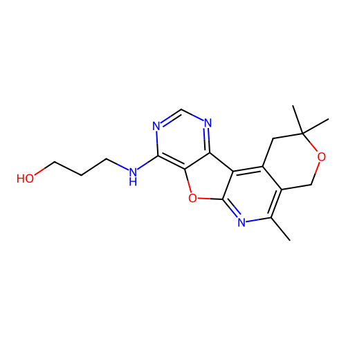 3-((2,2,5-trimethyl-2,4-dihydro-1H-pyrano[4'',3'':4',5']pyrido[3',2':4,5]furo[3,2-d]pyrimidin-8-yl)amino)propan-1-ol structure