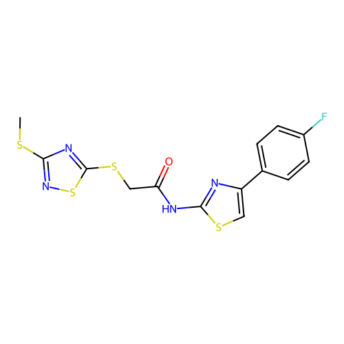 N-(4-(4-fluorophenyl)thiazol-2-yl)-2-((3-(methylthio)-1,2,4-thiadiazol-5-yl)thio)acetamide structure