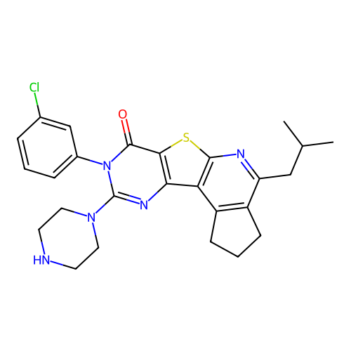 8-(3-chlorophenyl)-4-(2-methylpropyl)-9-(piperazin-1-yl)-2,3-dihydro-1H-cyclopenta[4',5']pyrido[3',2':4,5]thieno[3,2-d]pyrimidin-7(8H)-one structure