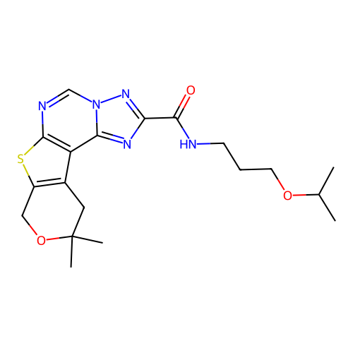 10,10-dimethyl-N-[3-(propan-2-yloxy)propyl]-10,11-dihydro-8H-pyrano[4',3':4,5]thieno[3,2-e][1,2,4]triazolo[1,5-c]pyrimidine-2-carboxamide structure