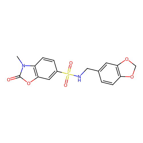 N-(1,3-benzodioxol-5-ylmethyl)-3-methyl-2-oxo-1,3-benzoxazole-6-sulfonamide structure
