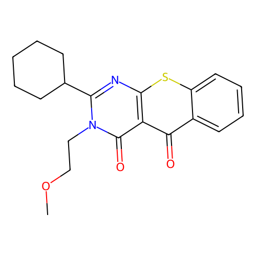 2-cyclohexyl-3-(2-methoxyethyl)-4H-thiochromeno[2,3-d]pyrimidine-4,5(3H)-dione structure