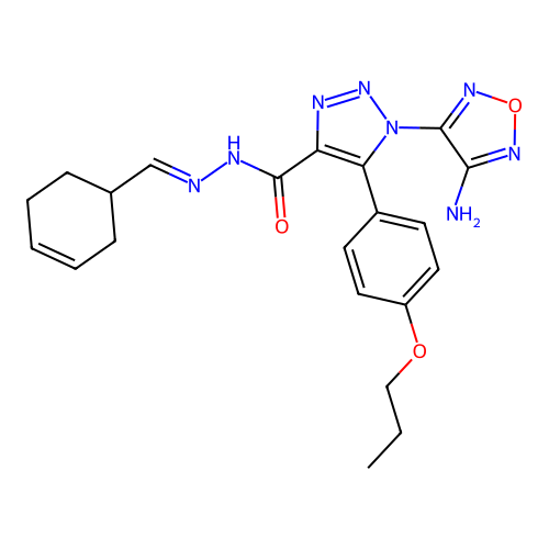 (E)-1-(4-amino-1,2,5-oxadiazol-3-yl)-N'-(cyclohex-3-en-1-ylmethylene)-5-(4-propoxyphenyl)-1H-1,2,3-triazole-4-carbohydrazide structure