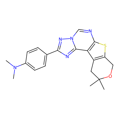 4-(10,10-dimethyl-10,11-dihydro-8H-pyrano[4',3':4,5]thieno[3,2-e][1,2,4]triazolo[1,5-c]pyrimidin-2-yl)-N,N-dimethylaniline structure
