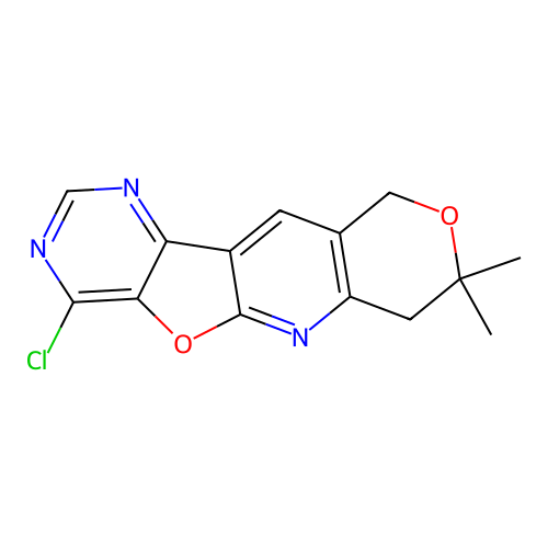 4-chloro-8,8-dimethyl-7,10-dihydro-8H-pyrano[3'',4'':5',6']pyrido[3',2':4,5]furo[3,2-d]pyrimidine structure
