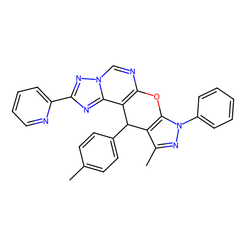 10-methyl-11-(4-methylphenyl)-8-phenyl-2-(pyridin-2-yl)-8,11-dihydropyrazolo[4',3':5,6]pyrano[3,2-e][1,2,4]triazolo[1,5-c]pyrimidine structure