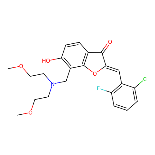(Z)-7-((bis(2-methoxyethyl)amino)methyl)-2-(2-chloro-6-fluorobenzylidene)-6-hydroxybenzofuran-3(2H)-one structure