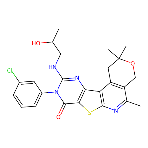9-(3-chlorophenyl)-10-((2-hydroxypropyl)amino)-2,2,5-trimethyl-4,9-dihydro-1H-pyrano[4'',3'':4',5']pyrido[3',2':4,5]thieno[3,2-d]pyrimidin-8(2H)-one structure