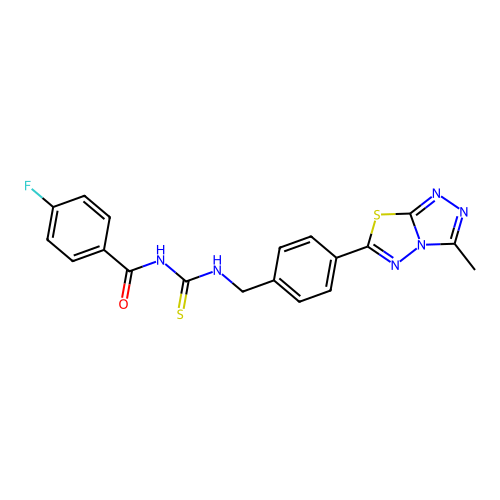 4-fluoro-N-((4-(3-methyl-[1,2,4]triazolo[3,4-b][1,3,4]thiadiazol-6-yl)benzyl)carbamothioyl)benzamide structure