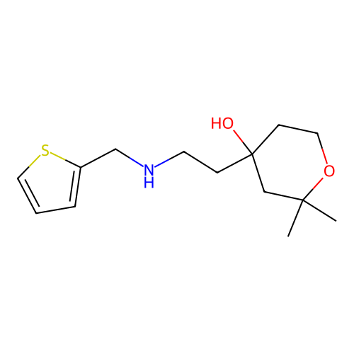 2,2-dimethyl-4-(2-((thiophen-2-ylmethyl)amino)ethyl)tetrahydro-2H-pyran-4-ol structure