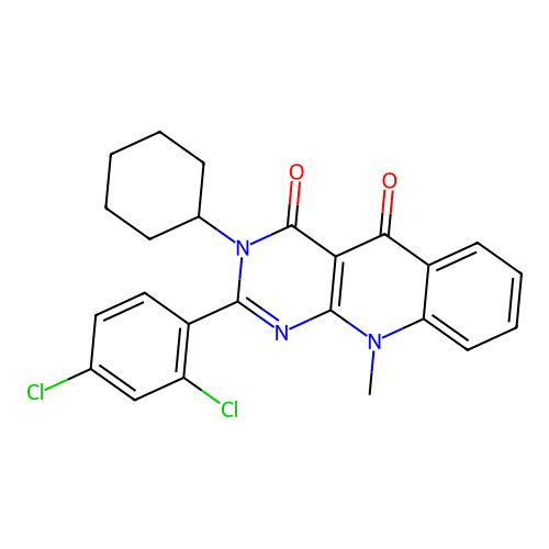 3-cyclohexyl-2-(2,4-dichlorophenyl)-10-methylpyrimido[4,5-b]quinoline-4,5(3H,10H)-dione structure