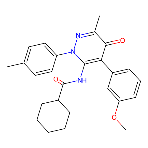 N-(4-(3-methoxyphenyl)-6-methyl-5-oxo-2-(p-tolyl)-2,5-dihydropyridazin-3-yl)cyclohexanecarboxamide structure