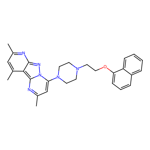 2,8,10-trimethyl-4-(4-(2-(naphthalen-1-yloxy)ethyl)piperazin-1-yl)pyrido[2',3':3,4]pyrazolo[1,5-a]pyrimidine structure