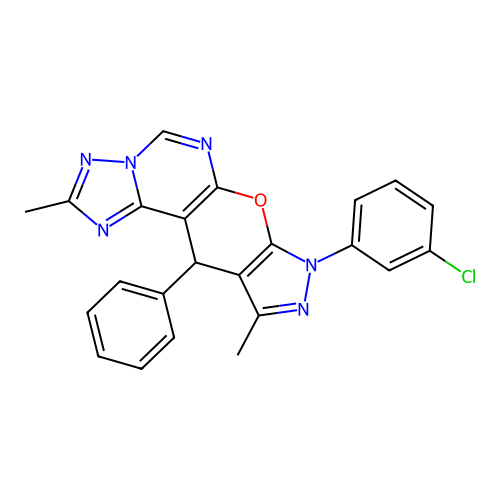 8-(3-chlorophenyl)-2,10-dimethyl-11-phenyl-8,11-dihydropyrazolo[4',3':5,6]pyrano[3,2-e][1,2,4]triazolo[1,5-c]pyrimidine structure