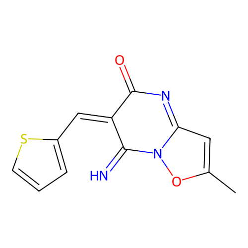 (6E)-7-imino-2-methyl-6-(thiophen-2-ylmethylidene)-[1,2]oxazolo[2,3-a]pyrimidin-5-one structure
