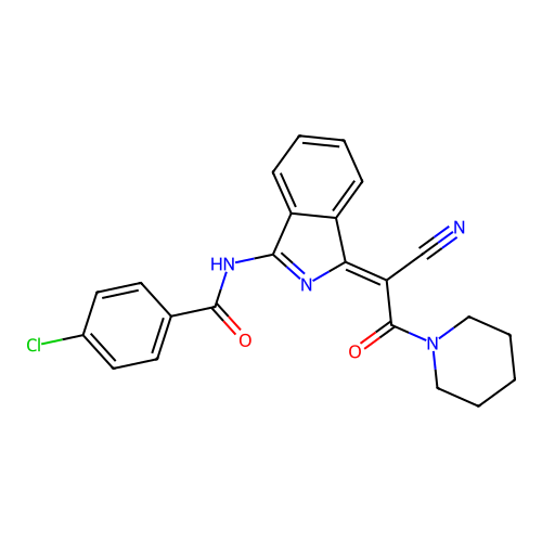 4-chloro-N-[(3Z)-3-(1-cyano-2-oxo-2-piperidin-1-ylethylidene)isoindol-1-yl]benzamide structure