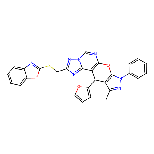 1,3-BENZOXAZOL-2-YL {[11-(2-FURYL)-10-METHYL-8-PHENYL-8,11-DIHYDROPYRAZOLO[4',3':5,6]PYRANO[3,2-E][1,2,4]TRIAZOLO[1,5-C]PYRIMIDIN-2-YL]METHYL} SULFIDE structure