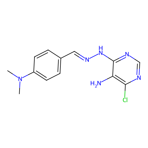 4-chloro-6-{(2E)-2-[4-(dimethylamino)benzylidene]hydrazinyl}pyrimidin-5-amine structure