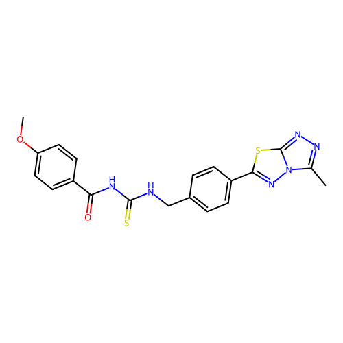 4-methoxy-N-((4-(3-methyl-[1,2,4]triazolo[3,4-b][1,3,4]thiadiazol-6-yl)benzyl)carbamothioyl)benzamide structure