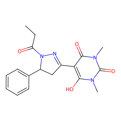 6-HYDROXY-1,3-DIMETHYL-5-(5-PHENYL-1-PROPANOYL-4,5-DIHYDRO-1H-PYRAZOL-3-YL)-1,2,3,4-TETRAHYDROPYRIMIDINE-2,4-DIONE structure