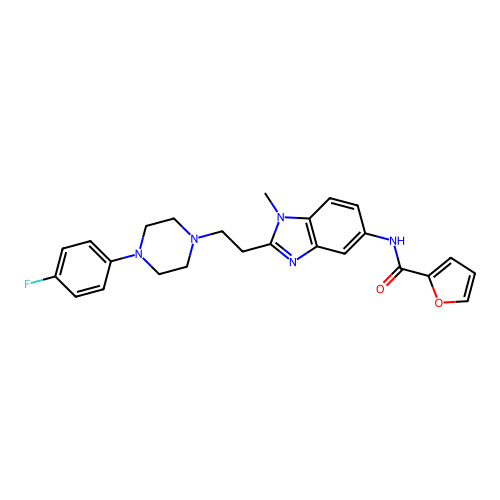 N-(2-(2-(4-(4-fluorophenyl)piperazin-1-yl)ethyl)-1-methyl-1H-benzo[d]imidazol-5-yl)furan-2-carboxamide structure