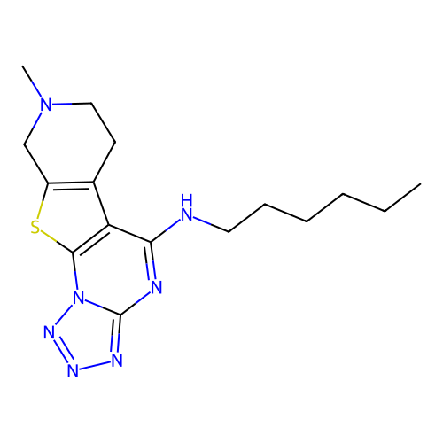 N-hexyl-8-methyl-6,7,8,9-tetrahydropyrido[4',3':4,5]thieno[3,2-e]tetrazolo[1,5-a]pyrimidin-5-amine structure