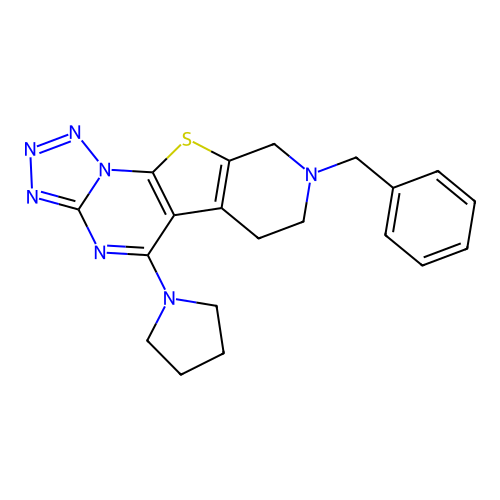 8-benzyl-5-(pyrrolidin-1-yl)-6,7,8,9-tetrahydropyrido[4',3':4,5]thieno[3,2-e]tetrazolo[1,5-a]pyrimidine structure