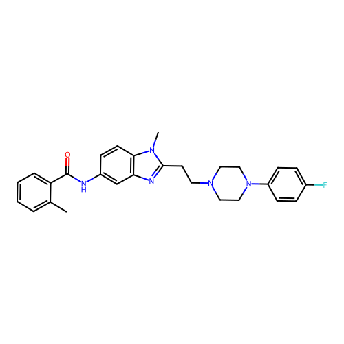 N-(2-(2-(4-(4-fluorophenyl)piperazin-1-yl)ethyl)-1-methyl-1H-benzo[d]imidazol-5-yl)-2-methylbenzamide structure