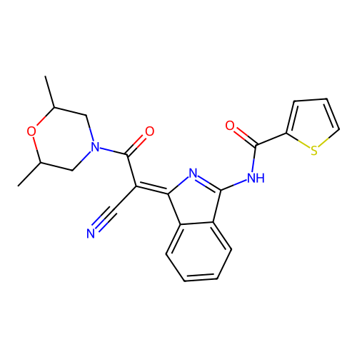 (Z)-N-(1-(1-cyano-2-(2,6-dimethylmorpholino)-2-oxoethylidene)-1H-isoindol-3-yl)thiophene-2-carboxamide structure
