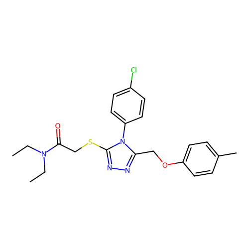 2-((4-(4-chlorophenyl)-5-((p-tolyloxy)methyl)-4H-1,2,4-triazol-3-yl)thio)-N,N-diethylacetamide structure