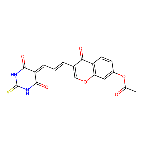 (E)-3-(3-(4,6-dioxo-2-thioxotetrahydropyrimidin-5(2H)-ylidene)prop-1-en-1-yl)-4-oxo-4H-chromen-7-yl acetate structure