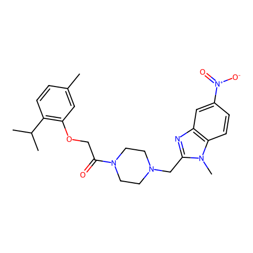 1-[4-[(1-methyl-5-nitrobenzimidazol-2-yl)methyl]piperazin-1-yl]-2-(5-methyl-2-propan-2-ylphenoxy)ethanone structure