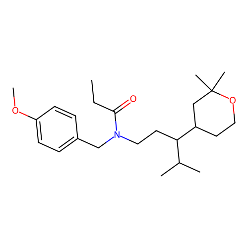 N-[3-(2,2-dimethyloxan-4-yl)-4-methylpentyl]-N-[(4-methoxyphenyl)methyl]propanamide structure