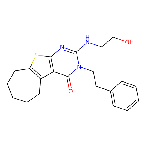 2-((2-hydroxyethyl)amino)-3-phenethyl-6,7,8,9-tetrahydro-3H-cyclohepta[4,5]thieno[2,3-d]pyrimidin-4(5H)-one structure