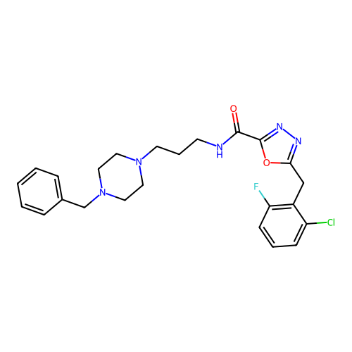 N-[3-(4-benzylpiperazin-1-yl)propyl]-5-[(2-chloro-6-fluorophenyl)methyl]-1,3,4-oxadiazole-2-carboxamide structure