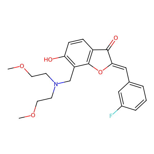 (Z)-7-((bis(2-methoxyethyl)amino)methyl)-2-(3-fluorobenzylidene)-6-hydroxybenzofuran-3(2H)-one structure