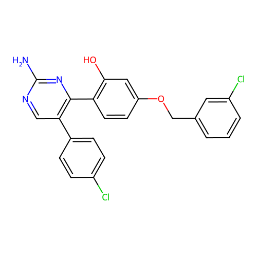 2-[2-Amino-5-(4-chlorophenyl)-4-pyrimidinyl]-5-[(3-chlorobenzyl)oxy]phenol structure