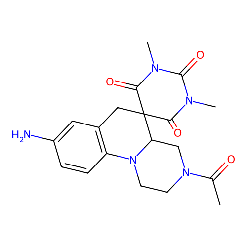 3'-acetyl-8'-amino-1,3-dimethylspiro[1,3-diazinane-5,5'-2,4,4a,6-tetrahydro-1H-pyrazino[1,2-a]quinoline]-2,4,6-trione structure