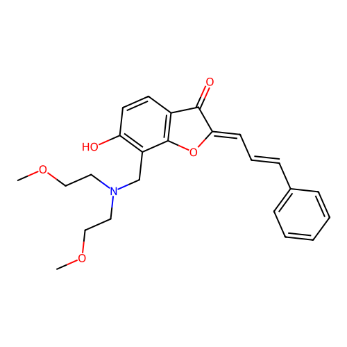 (2Z)-7-[[bis(2-methoxyethyl)amino]methyl]-6-hydroxy-2-[(E)-3-phenylprop-2-enylidene]-1-benzofuran-3-one structure
